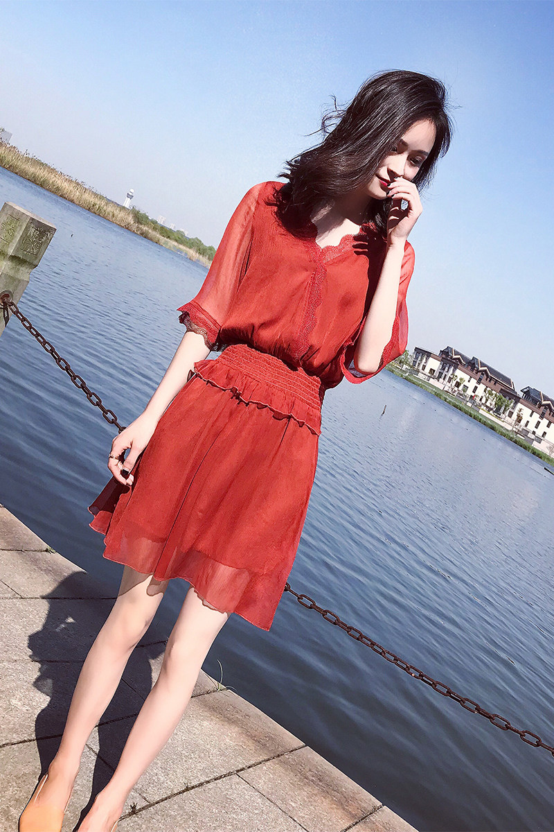 橘红色裙子2018夏季新款女装中长款韩版收腰显瘦雪纺连衣裙
