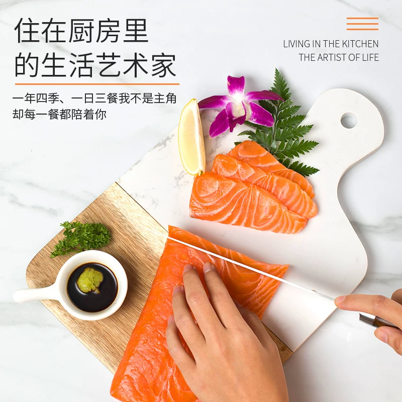 Square handle from natural wood, marble cutting board