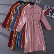 Dây rút eo váy nữ tether Hàn Quốc phiên bản của mùa thu và mùa đông sản phẩm mới gió lười biếng vuông cổ áo áo thun váy cao eo áo váy