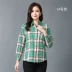 Phụ nữ trung niên và cao tuổi áo sơ mi kẻ sọc dài tay cotton plus size mẹ béo mặc mùa xuân và mùa thu áo sơ mi mỏng manh - Áo sơ mi