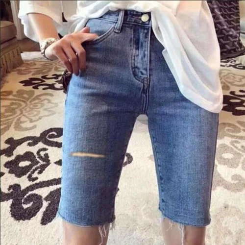 Шорты, приталенные эластичные джинсовые штаны, большой размер, подходит для полных девушек, высокая талия