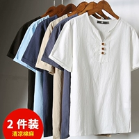 Летний комплект для мальчиков, трендовая футболка, тонкий жакет для отдыха, короткий рукав, китайский стиль, V-образный вырез, из хлопка и льна