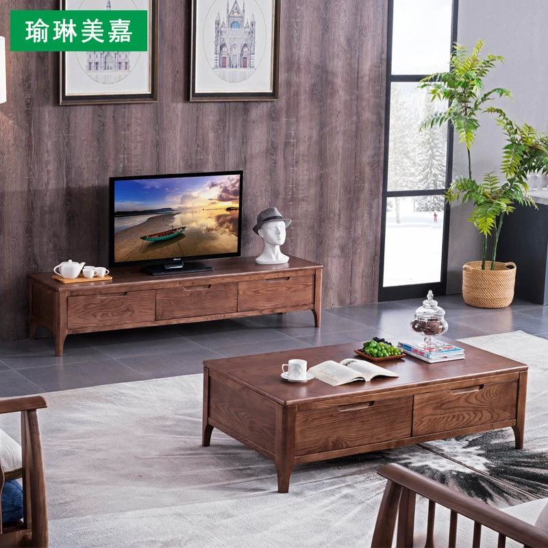 Tất cả các bàn cà phê gỗ rắn tủ TV với ngăn kéo Bắc Âu căn hộ hiện đại đơn giản mới kết hợp nội thất phòng khách Trung Quốc - Bộ đồ nội thất