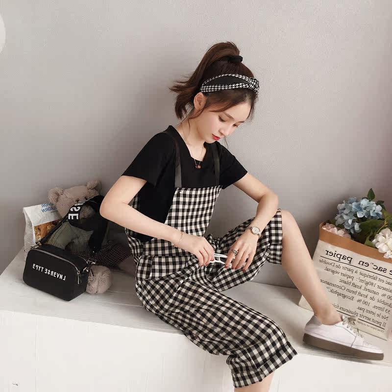 2621#格子背带裤女夏装2018新款矮个子搭配娇小套装港味连体裤子