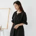 Miki xã hội Nhật Bản đơn giản gió lạnh màu tinh khiết phồng tay áo với eo váy dài chic over the knee dress triều