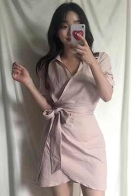 Hàn Quốc ins nóng lạnh đầm tối giản màu sắc hoang dã eo quấn một mảnh váy váy đầm trung niên cao cấp váy đầm