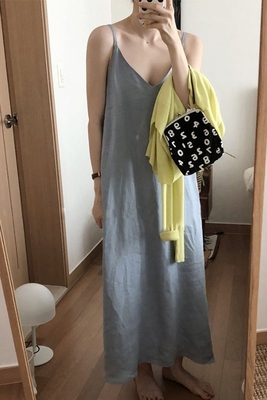 Hàn quốc chic phong cách mùa hè retro mát màu tinh khiết hoang dã cổ áo V bông linen dây đeo dress loose dress