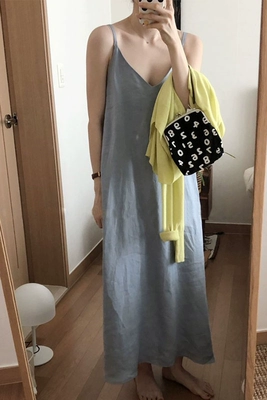 Hàn quốc chic phong cách mùa hè retro mát màu tinh khiết hoang dã cổ áo V bông linen dây đeo dress loose dress chân váy xòe váy đầm