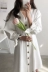 Hàn quốc tính khí sang trọng V-Cổ retro đơn ngực còng bow tie đa năng tinh khiết trắng dress nữ váy nhún eo Váy eo cao