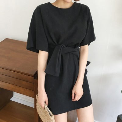 Hàn quốc chic mùa hè mới retro lãng mạn đơn giản hoang dã cao dây đai thắt lưng mỏng ngắn tay đầm nữ