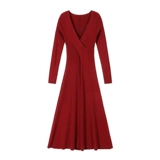 Зимнее сексуальное красное трикотажное дизайнерское трикотажное платье, корсет, длинная юбка, V-образный вырез, тренд сезона, средней длины