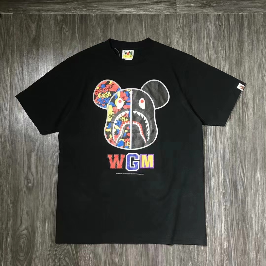 Black WGMGloomy Bear jointly BAPE shark Short sleeve Embroidery Ape head men and women Couple pure cotton cylinder easy T-shirt