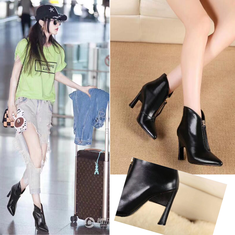 2017 autumn new model Fan Bingbing with the same pointed toe stiletto high-heeled boots front zipper short boots leather sexy and nude boots women