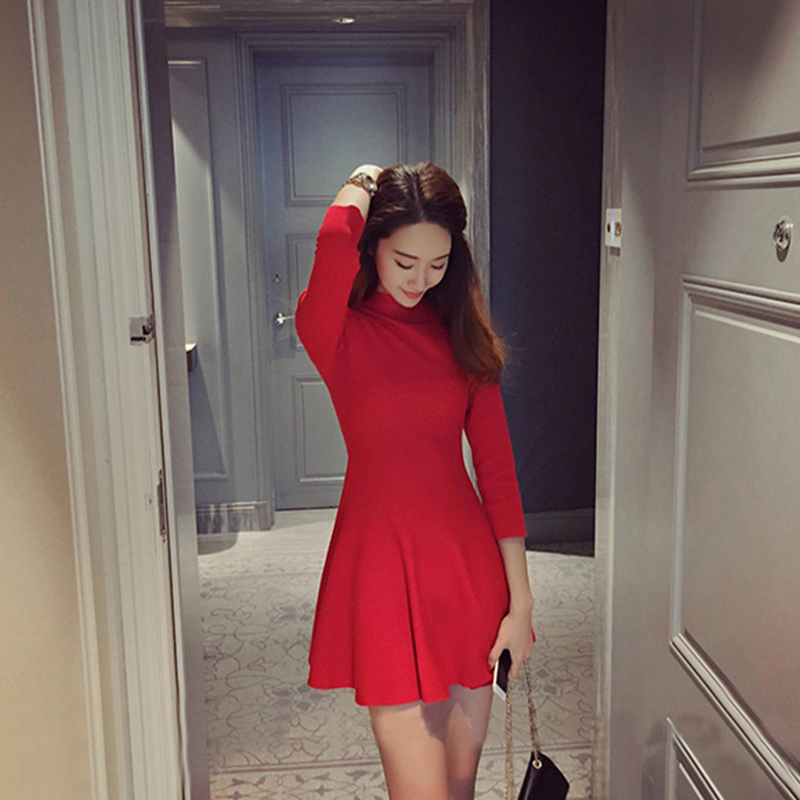 Thu đông mới của phụ nữ bảy điểm trục hương nhỏ gió dài và ngắn tay váy dệt kim màu đỏ Váy ôm chữ A - A-Line Váy