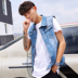 Mùa hè thanh niên vest denim size lớn cộng với béo cộng với béo lớn co giãn không tay áo vest thời trang vest - Dệt kim Vest áo vest đen Dệt kim Vest