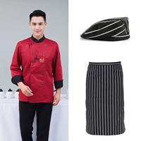 Красный лонгслив, фартук, шапка