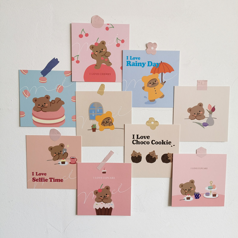 Pink Bear Set Of Nine (Free Stickers)Ins wind Pink Bear card lovely Cartoon Hand painted room Wall decoration Stickers Stickers Wall stickers card