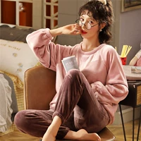 Фланелевая демисезонная пижама, коралловый бархатный комплект для отдыха, домашняя одежда, в корейском стиле, оверсайз, длинный рукав, круглый воротник