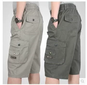 Đàn ông trung niên cotton nhiều túi cắt quần Đàn ông trung niên cộng với phân bón XL cao eo đàn hồi quần short eo 7 quần