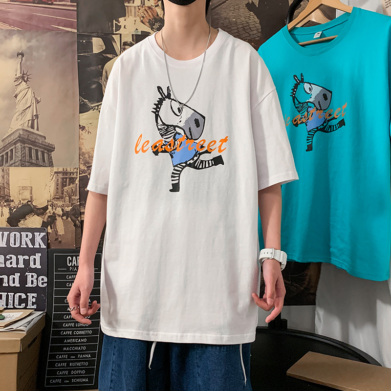 Summer short sleeve t-shirt men's round neck loose cartoon printing Korean versatile youth half sleeve T-shirt