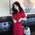Mùa hè mới Han Fan chic loose đơn ngực v cổ áo sơ mi dress retro red ren ngắn tay áo đầm triều nữ Sản phẩm HOT