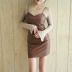 Miao Miao tùy chỉnh mùa thu khí chất nữ dài tay cổ tròn áo thun da váy váy váy hai dây phù hợp với váy 1075 Váy eo cao