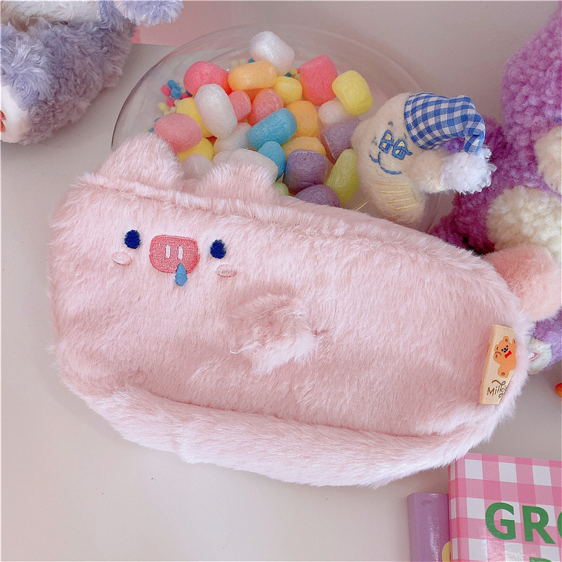 Pink Dudu Pig Plush Pencil Casehairy lovely Pig pig Rabbit animal modelling high-capacity Primary and middle school students Stationery Storage Pencil case Zipper bag