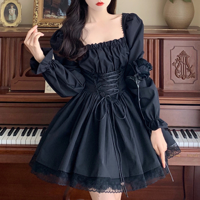 taobao agent Cute belt, brace, dress for princess, square neckline, plus size, puff sleeves, Lolita style