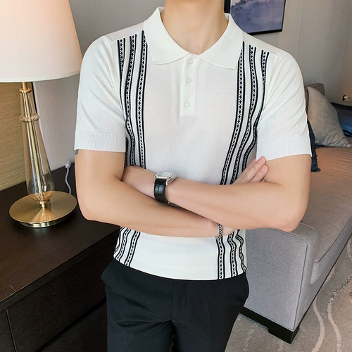 Трикотажная футболка polo, летняя тонкая шелковая трендовая рубашка, облегающий крой, в корейском стиле, короткий рукав