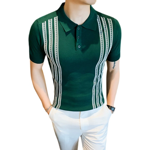 Трикотажная футболка polo, летняя тонкая шелковая трендовая рубашка, облегающий крой, в корейском стиле, короткий рукав