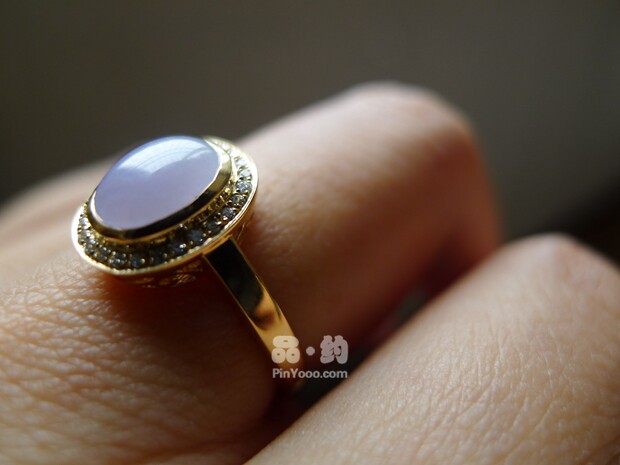 [品约珠宝]翡翠a货紫罗兰蛋面18k黄金铲边镶钻戒指 - 买卖交易信息 爱