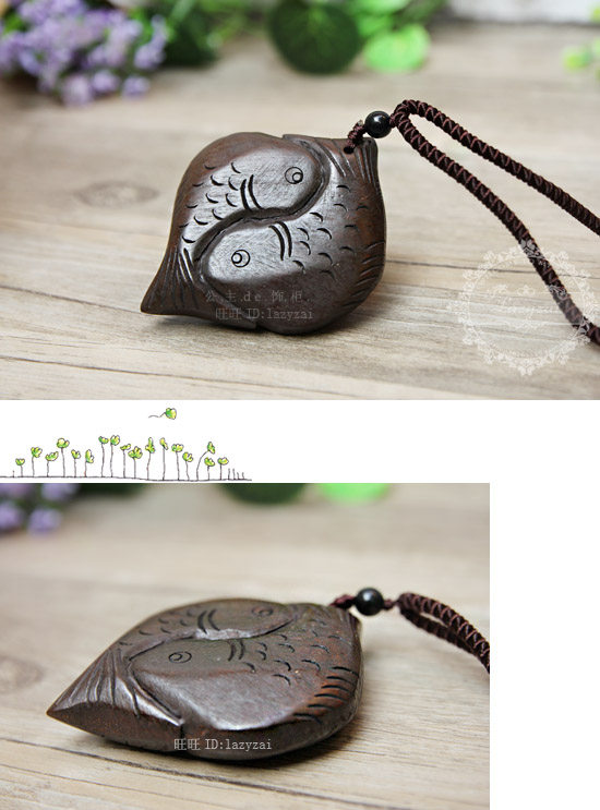 道家太极双生鱼复古项链 手工木雕毛衣链 八卦木鱼增运改运饰品