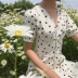 [MICHELLY.MO] Pháp retro tính khí thanh lịch sexy trắng polka dot V-cổ ngắn tay đầm A-line váy A-Line Váy