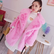 Mùa đông ngọt ngào hồng 2017 mới ve áo nhỏ dài tay thời trang giản dị ấm giả lông thú áo khoác nữ