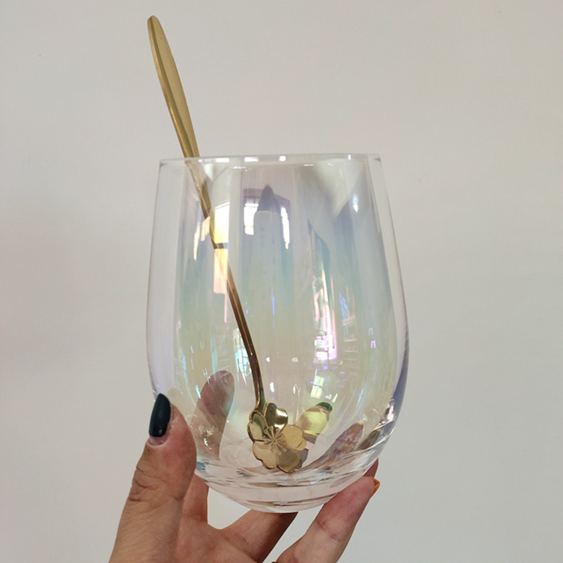 Rainbow Glass Egg Cup 550Ml + Cherry Blossom Golden SpoonINS Internet celebrity Fairy dream Rainbow cup Girlish heart flower receptacle big belly Water cup Drink cup Desserts Mousse cup