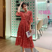 Váy bà bầu mùa hè 2019 thời trang mới V-cổ in eo voan đầm đầm suông - Áo thai sản