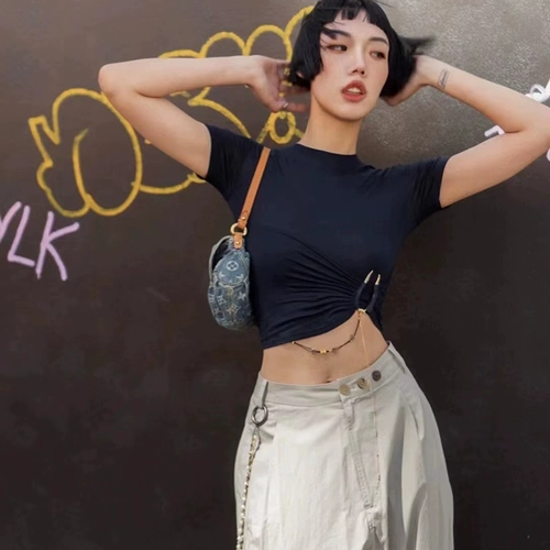 Летняя приталенная цепь с круглым воротником, футболка, 2023, высокая талия