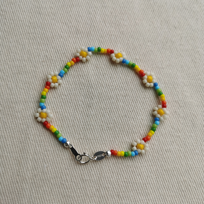 Rainbow Bracelet Fixed Length 17Cmsanyan ~ Europe and America Ins wind Daisy Colorful beads Bracelet Original design manual weave Simplicity delicate Sterling Silver female