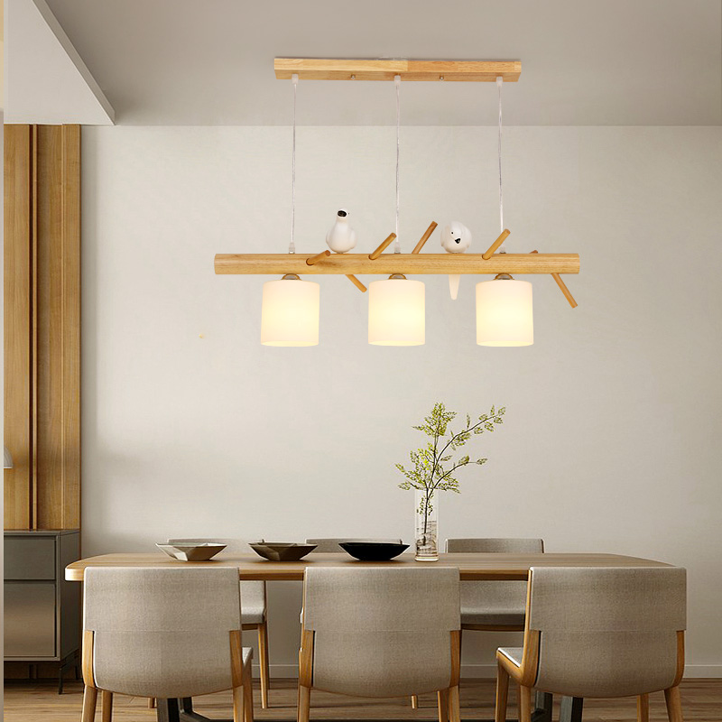 北欧风格创意个性餐厅3头LED日式吊灯简约原木饭厅餐桌木艺吊灯 