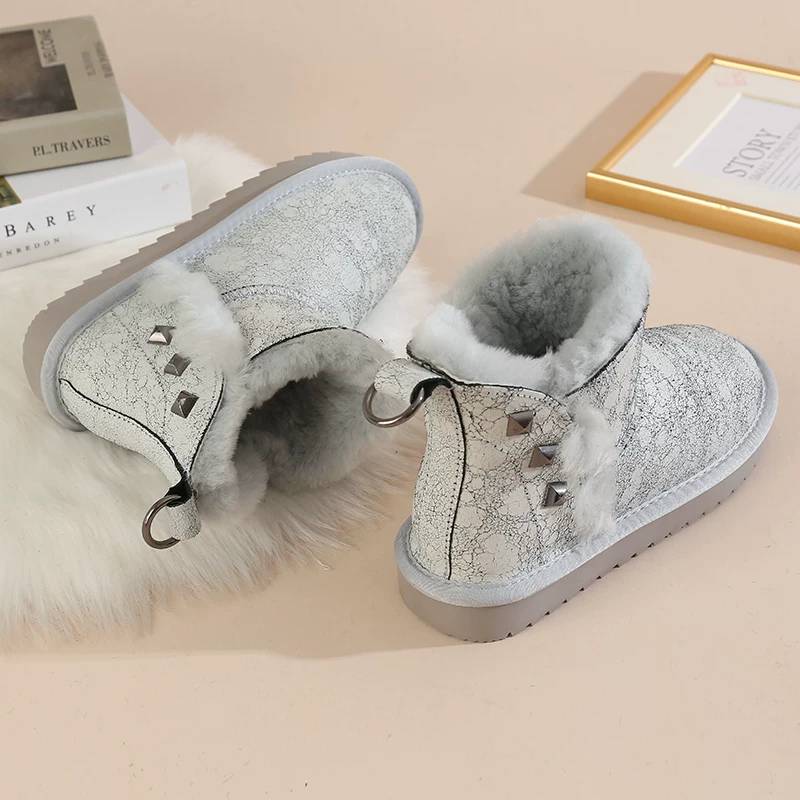 Ременные снегоступы женские sheepskin шерсть интегрированный короткий чехол трещиноватая кожа водонепроницаемые водостойкие тёплые зимние холодостойкие короткие ботинки снег хлопок обувь