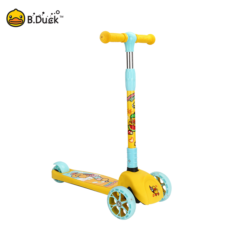 B.DUCK小黄鸭儿童滑板车2-12岁宝宝伸缩折叠三轮车闪光宽轮踏板车