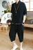 Set quần áo nam phong cách Trung Quốc Hanfu retro gió Phật quần ngắn tay cộng với phân bón XL chất béo mùa hè - Trang phục dân tộc