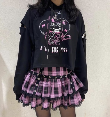 Chainsaw Crazy Rabbit Black Sweatersolar system Soft girl lovely Harajuku Sweet cool handsome Academic atmosphere jk lattice Close your waist Show thin camisole lace skirt