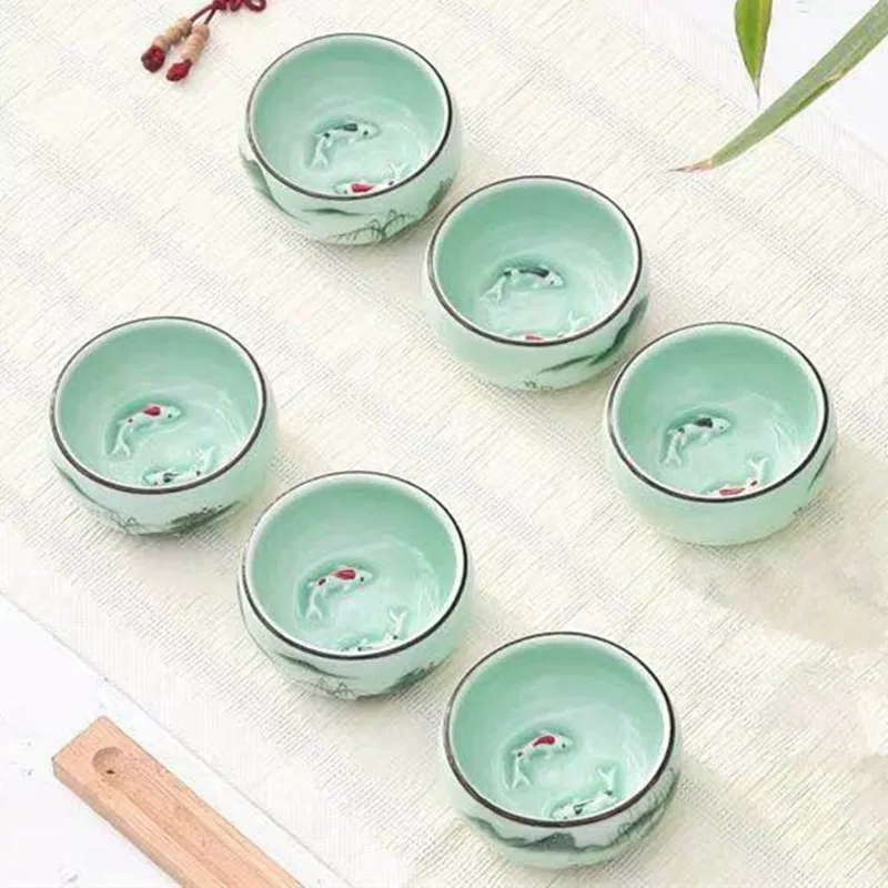 Ceramic tea cup, tea set, hand painting, carp