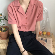 Mùa hè mới của Hàn Quốc phiên bản của chic ngọt ngào và mỏng nhỏ tươi phù hợp với cổ áo ngắn tay áo blouse voan áo sơ mi những mẫu áo sơ mi kẻ sọc đẹp