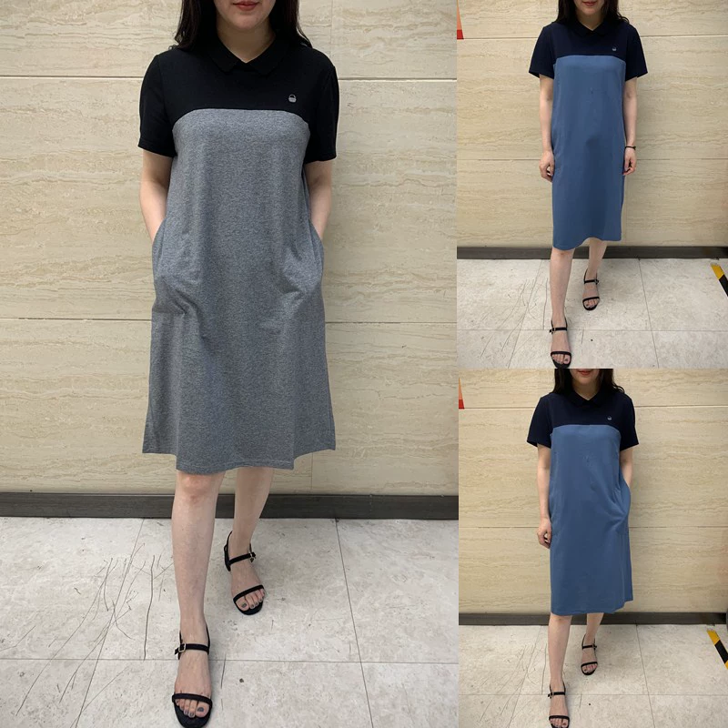 YUN Yun đích thực 2020 mùa hè mới của phụ nữ POLO màu cổ áo phù hợp với áo dài cotton dệt kim giản dị váy mỏng - Váy dài