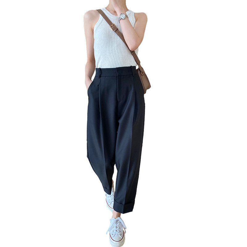 Black high-waisted straight-leg suit pants for women in the autumn of 2022, petite loose fringed 9-inch casual pants for women Item Picture