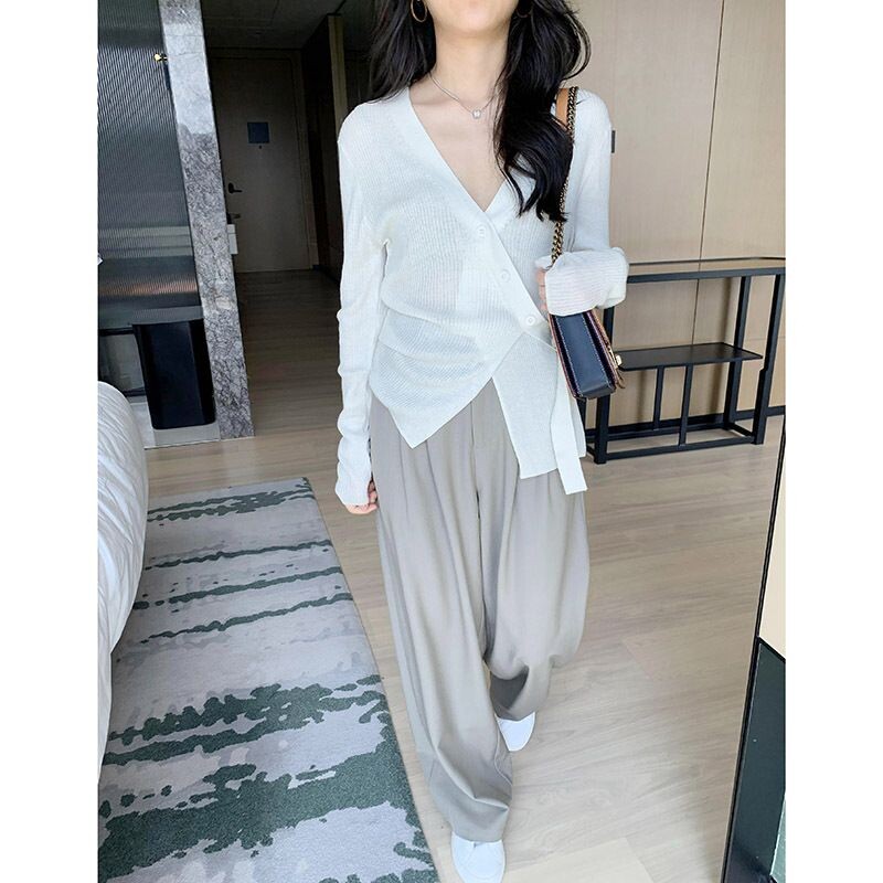 Lulu Chico Korean-style grey casual pants for women in autumn, high-waisted, drape straight-leg pants, loose, full-length, floor-length sweatpants details Picture