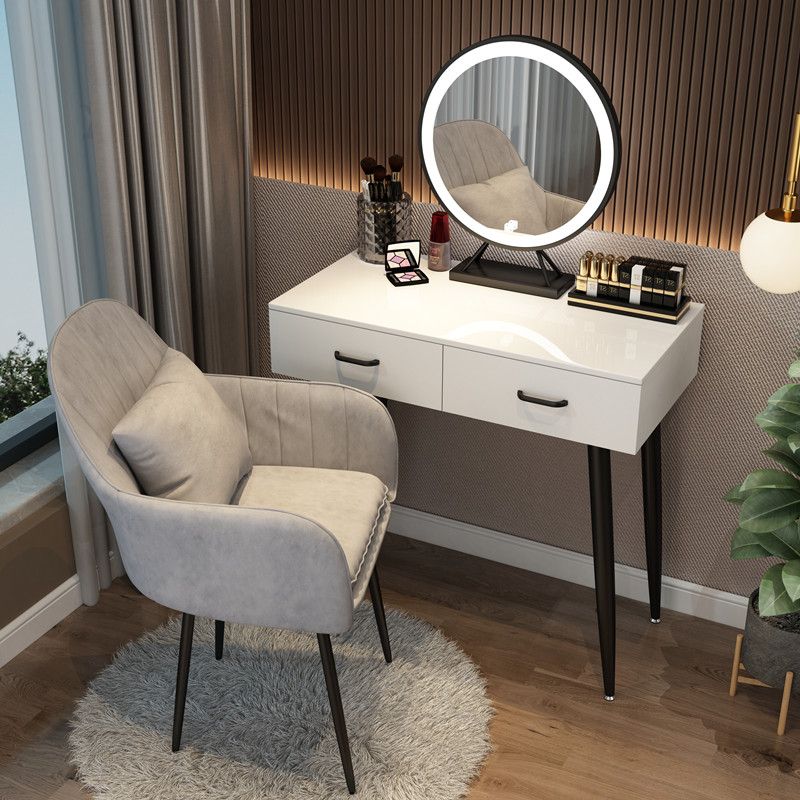 Black Steel Pipe Leg 80 + Three Color LED Mirror + Net Red ChairNorthern Europe dresser bedroom Internet celebrity Ins wind Modern simplicity Large-sized apartment Dressing table female small-scale dresser With lamp