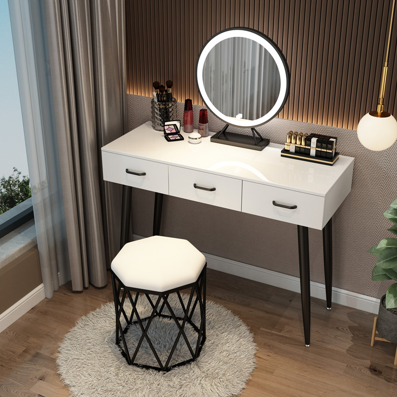 Black Steel Pipe Leg 100 + Three Color LED Mirror + Bird's Nest StoolNorthern Europe dresser bedroom Internet celebrity Ins wind Modern simplicity Large-sized apartment Dressing table female small-scale dresser With lamp